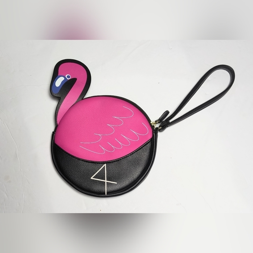 Betsey Johnson Pink & Black Fun Flamingo Kitsch Whimsy Cosmetic Coin Wristlet